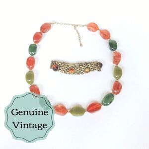 Vintage Jewelry Set -Necklace & Bracelet - 70s 80s - Green Orange Resin Brass   